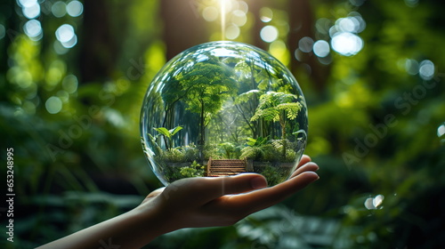 ecology glass in hand park trees leaves forest blur background