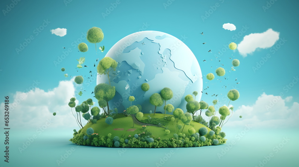 little 3d rendered banner nature globe in trees ecology glass clouds background island