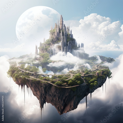 levitation city fantasy in sky with clouds planet on background