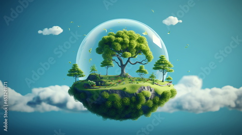 little 3d rendered banner nature globe ecology day glass sphere on blue clouds background