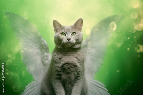Photography in the style of pensive portraiture of a cute korat cat wearing a pair of angel wings against a green background. With generative AI technology