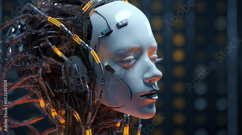 minimalistic face robot electric cord on tech background sadness cyberpunk ai