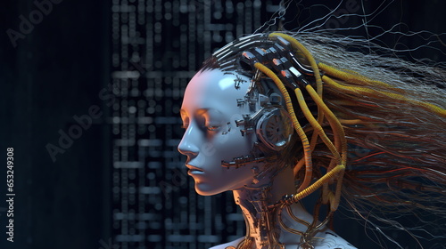 minimalistic face robot girl with hair electric cord on tech background sadness cyberpunk ai