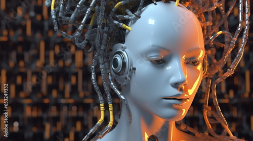 minimalistic face robot with hair electric cord on tech background sadness cyberpunk