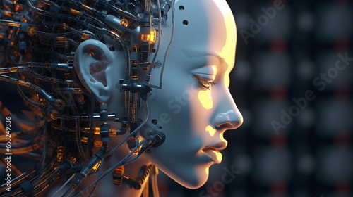 minimalistic face robot with hair electric cord on tech background sadness