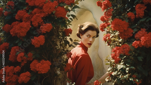 retro photo of woman in red dress leaves garden with red flowers