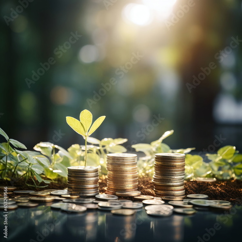 stacks of coins on grass with root on blur background investment in ecology