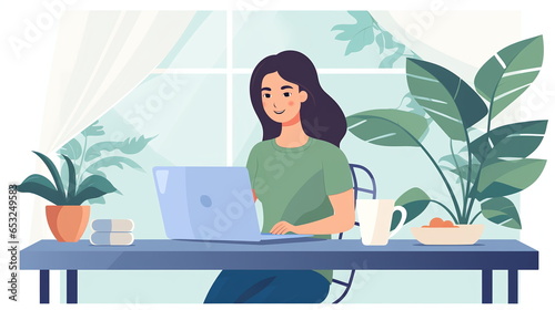 vector illustration woman working from home on a laptop with cup of coffee in sunlight with plants