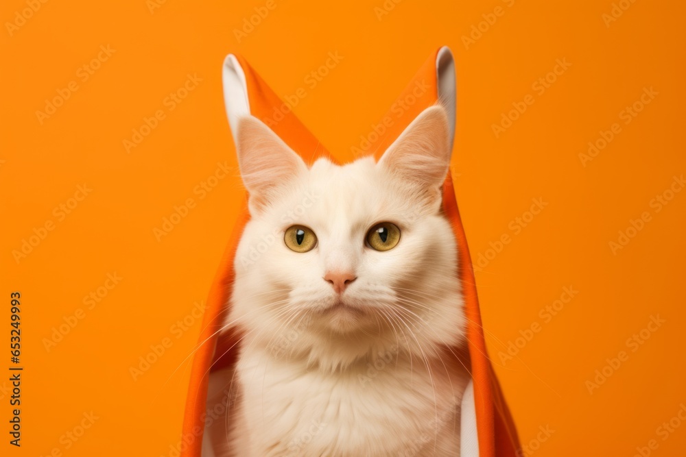 Full-length portrait photography of a happy turkish angora cat wearing a shark fin costume against a bright orange background. With generative AI technology Full-length portrait photography of a happy turkish angora cat wearing a shark fin costume against a bright orange background. With generative AI technology