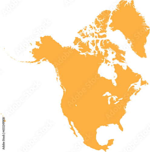 ORANGE CMYK color detailed flat stencil map of the continent of NORTH AMERICA on transparent background