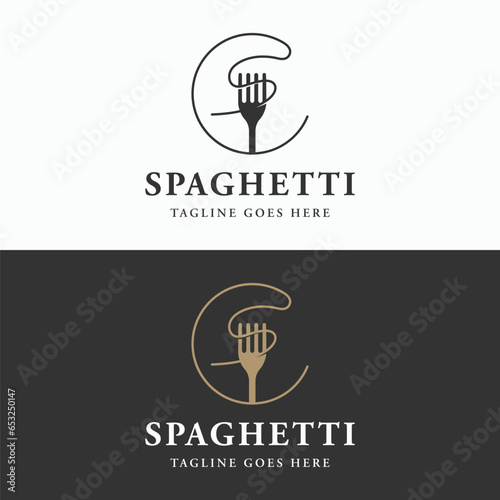 Italian spaghetti logo template design with fork and pasta. Logo for restaurant, business and culinary.