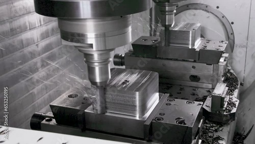 Twin Multi-axis CNC machine with dual end mill cutter while machining & forming raw metal workpieces material to cube shape. photo