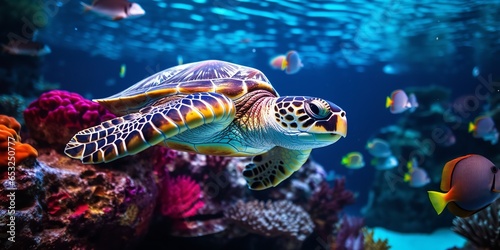 Deep in the ocean, a turtle is accompanied by a group of colorful fish and other aquatic creatures, Generative AI. photo