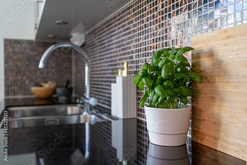Picture of modern black stone kitchen board with water tap and sink and green flowers in the pot with brown mosaic wall
