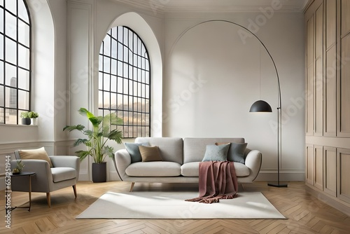 Curved sofa against arched window near beige wall with copy space © Ghazanfar