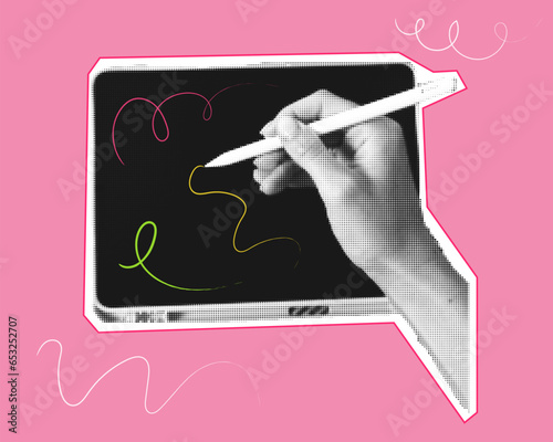 hand in halftone style with tablet. Illustration of digital drawing process