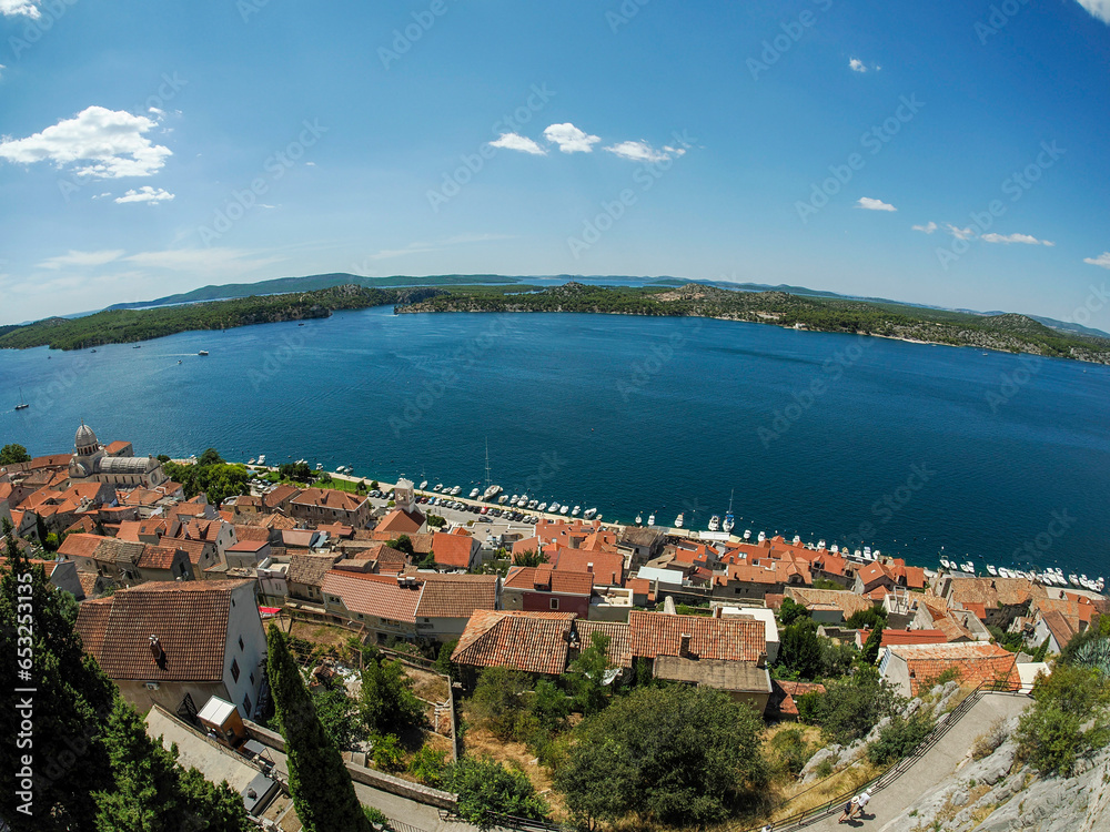 Aerial view from fort fortress of Medieval village of Sibenik, world heritage site in Croatia