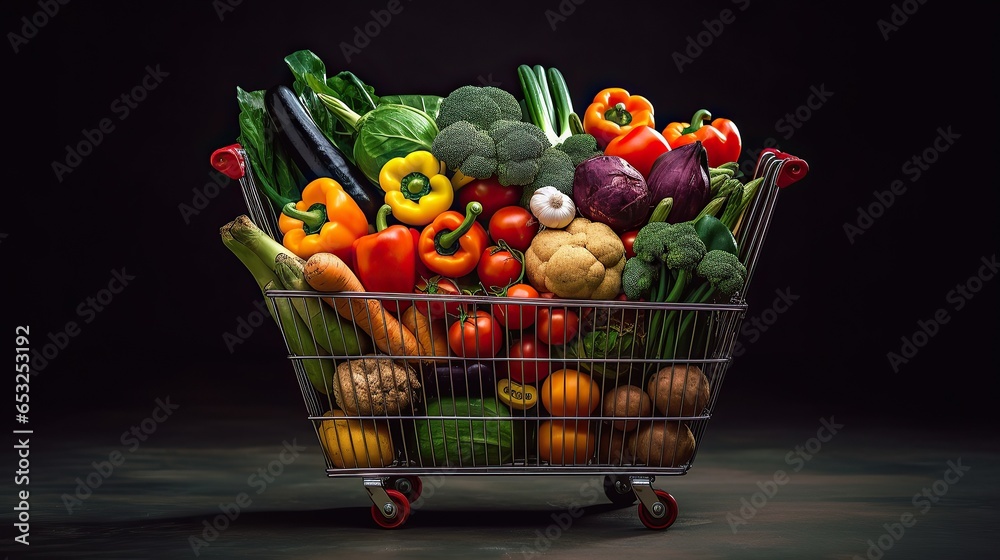 shopping trolley full with vegetables and fruits in black studio background, Generative AI