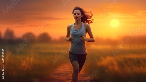  A serene morning scene captures a woman jogging gracefully through a tranquil park as the soft, golden hues of the sunrise envelop the surroundings, creating a peaceful and invigorating atmosphere.