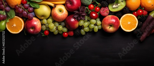 top view of fresh fruits, vegetables and berries on black background, Generative AI.