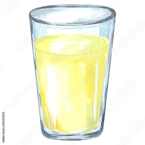 Glass with refreshment drink yellow color Watercolor hand drawn illustration on a white background for your design, decorating invitations and cards, making stickers, embroidery scheme, print on