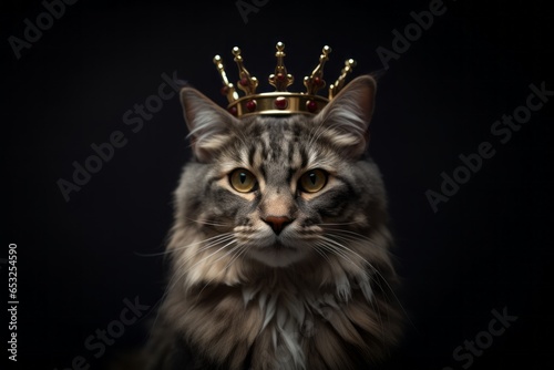 cute american curl cat wearing a king's crown isolated in matte black background photo