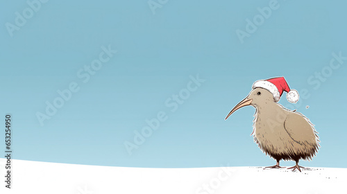 Cute kiwi bird wearing red Christmas Santa hat, blue background