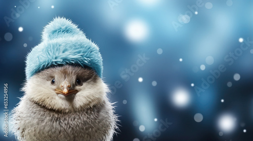 Cute kiwi bird wearing blue hat, blue background © piknine