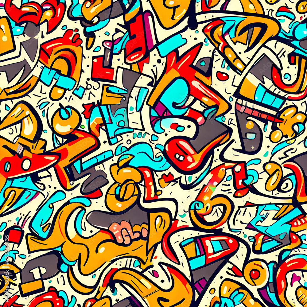 Close Up of a Large Group of Different Abstract Fun Funky Whimsical Colorful Busy Ugly Spaghetti Psychedelic Cartoon Swirl Doodle Shapes Subconscious Creativity Expressive Art Forms Pattern Graffiti