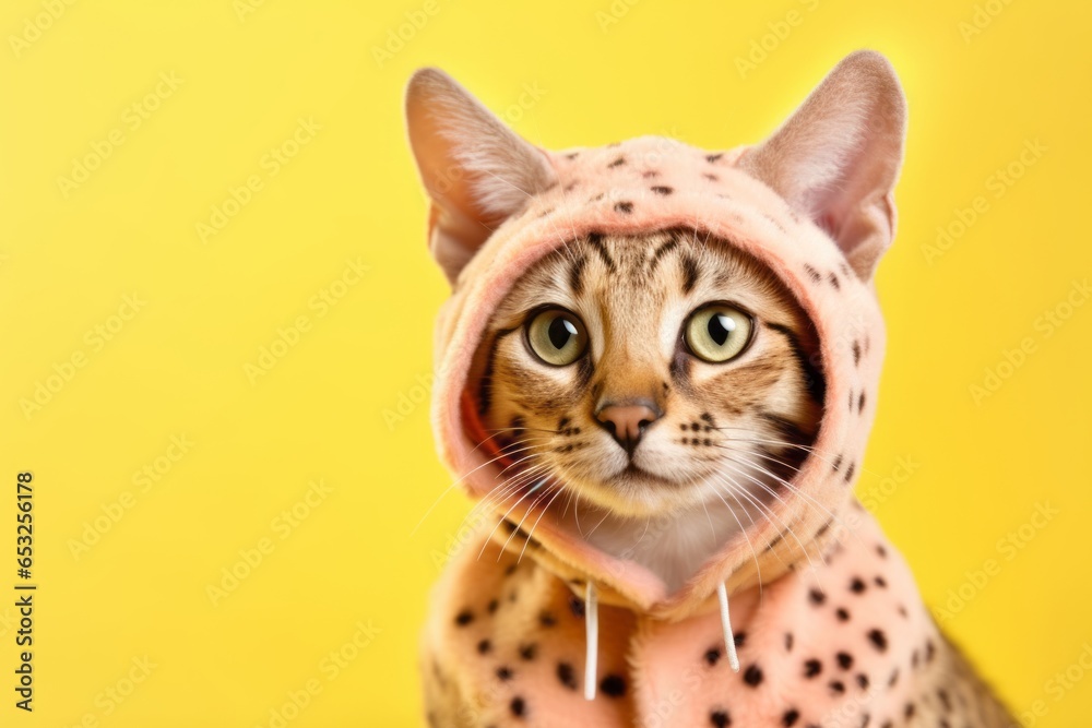 cute savannah cat wearing a dinosaur costume isolated on pastel yellow background cute savannah cat wearing a dinosaur costume isolated on pastel yellow background