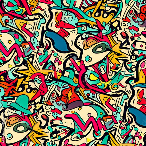 Close Up of a Large Group of Different Abstract Fun Funky Whimsical Colorful Busy Ugly Spaghetti Psychedelic Cartoon Swirl Doodle Shapes Subconscious Creativity Expressive Art Forms Pattern Graffiti