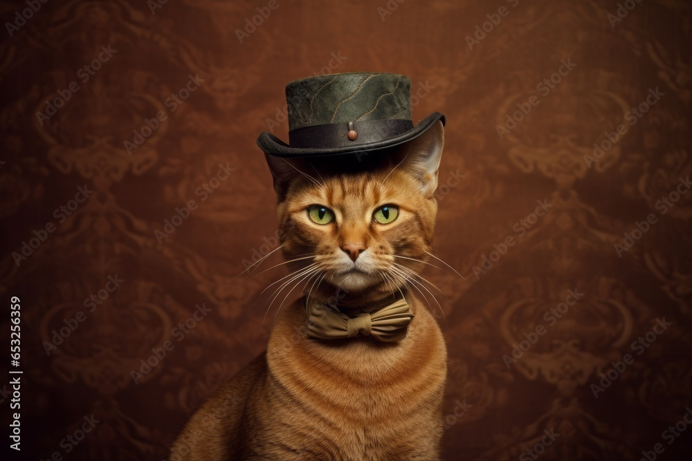 smiling chausie cat wearing a top hat in front of rustic brown background