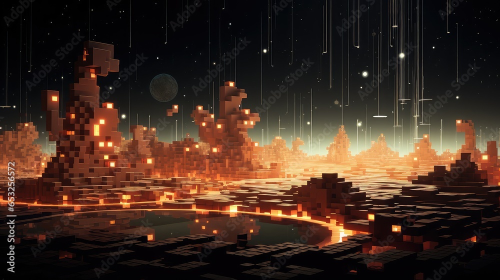 3d voxel city landscape illustration render modern, futuristic view, perspective geometry 3d voxel city landscape