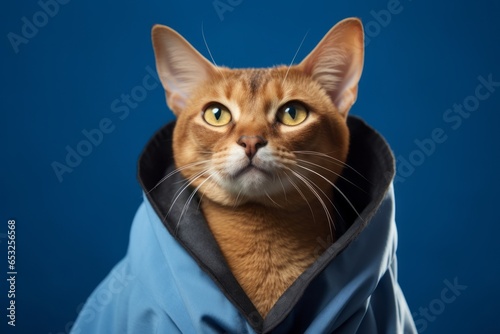 cute abyssinian cat wearing a wizard robe while standing against soft blue background © Markus Schröder
