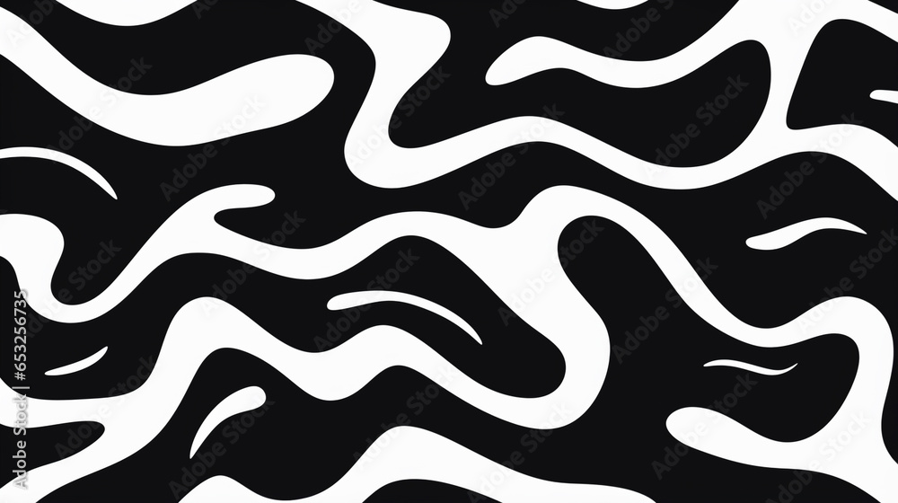 Wavy and Swirled brush strokes seamless pattern. Bold curved lines and squiggles ornament. Black and white background.