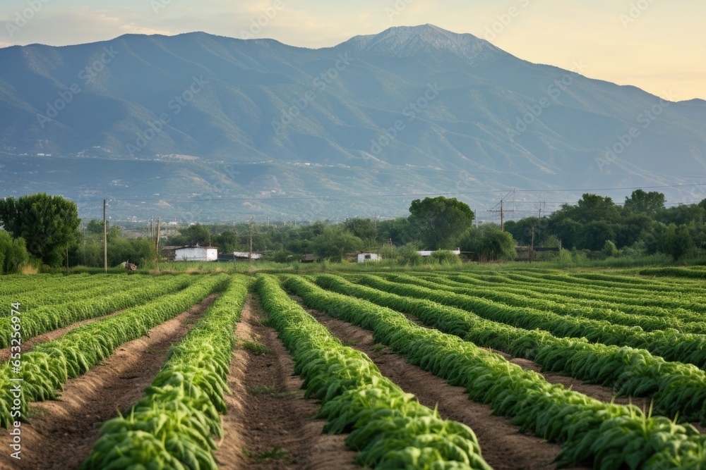 rows of green chili pepper plants with mountains in the background