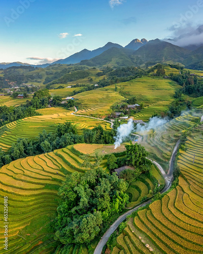 Aerial view of rice field or rice terraces , Sapa, Vietnam. Y Linh Ho village, Ta Van valley