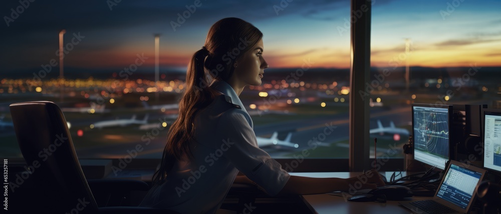 Woman working as air traffic controller in airport control tower, Generative AI - obrazy, fototapety, plakaty 
