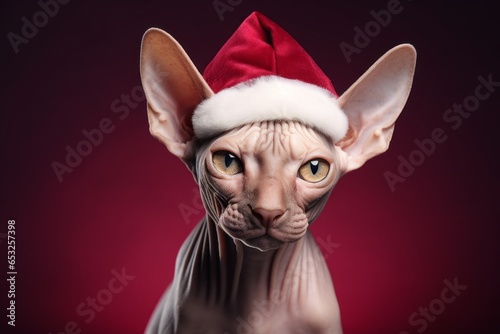 cute sphynx cat wearing a santa hat while standing against rich maroon background