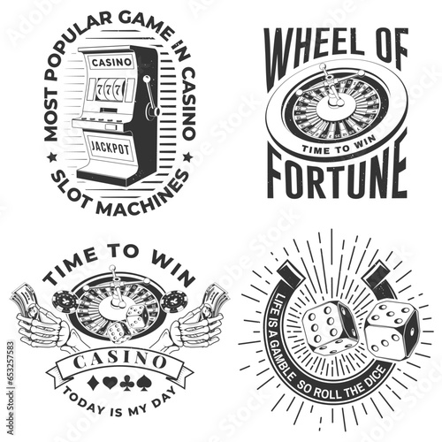 Set of gambling vintage print, logo, badge design with wheel of fortune, two dice, skeleton hand holding dollar, poker playing card silhouette. Vector illustration