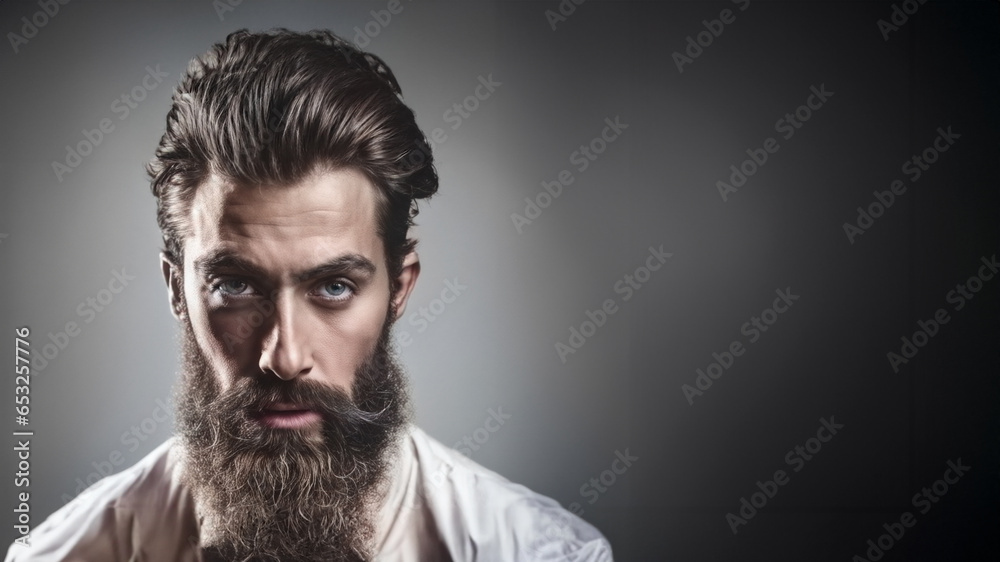 Fototapeta premium Ritratto frontale modello con barba, sfondo grigio