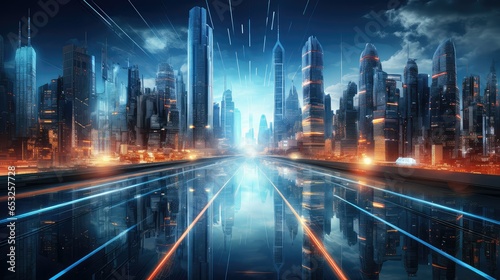 modern futuristic night city illustration light scape  digital building  future street modern futuristic night city