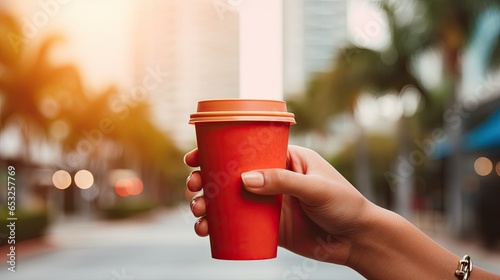 Hand holding a red coffee container