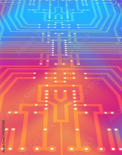An intricate digital circuit board, bathed in the soft glow of information-rich light, forms the backdrop for this abstract technological design, representing the fusion of science and art