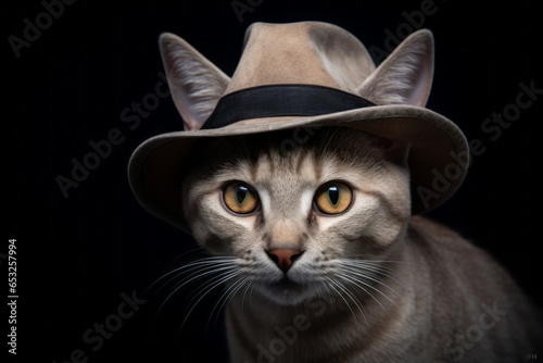 funny colorpoint shorthair cat wearing a detective hat in front of dark grey background