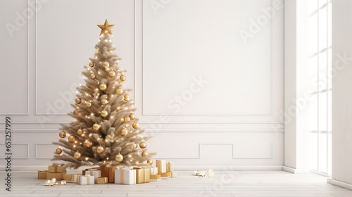 minimalistic Christmas tree with decoration on empty background, copy space