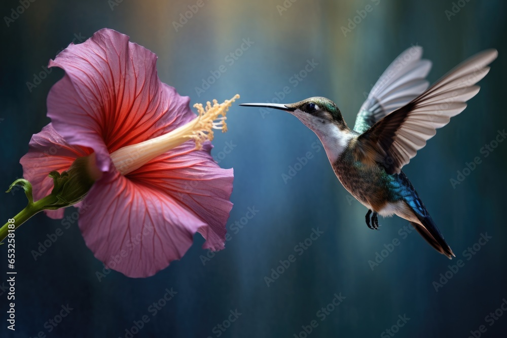 Naklejka premium a hummingbird frozen in flight, its beak inches away from a pink hibiscus flower