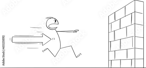 Person Running Against Wall, Vector Cartoon Stick Figure Illustration