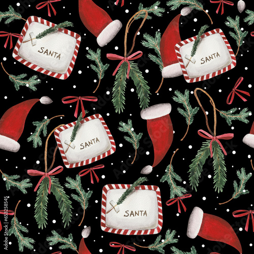 Christmas watercolor pattern. For wrapping paper and other New Year, Christmas, Christmas Eve-themed products. Santa Claus letter, Christmas tree toys, candies, mittens, a sprig of viburnum, ribbons.