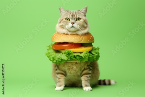 happy selkirk rex cat wearing a cheeseburger costume in pastel green background photo